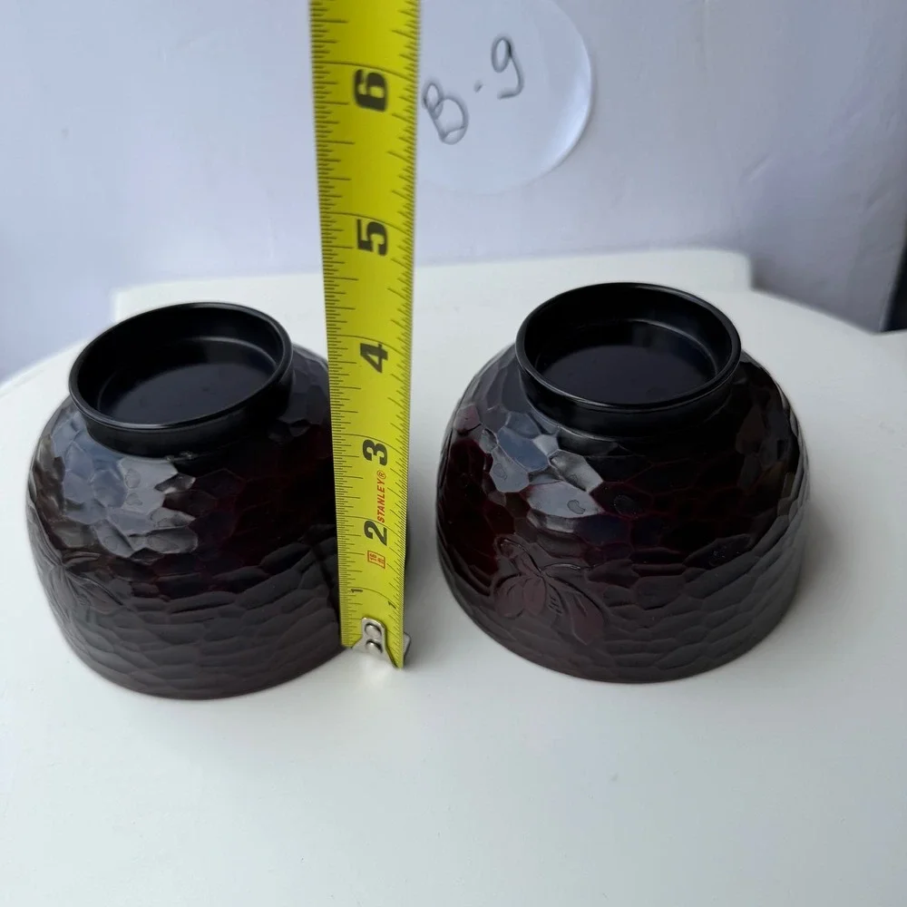 Set of 2 Japanese Lacquerware Soup Bowls Hammered Texture Floral Design B-9